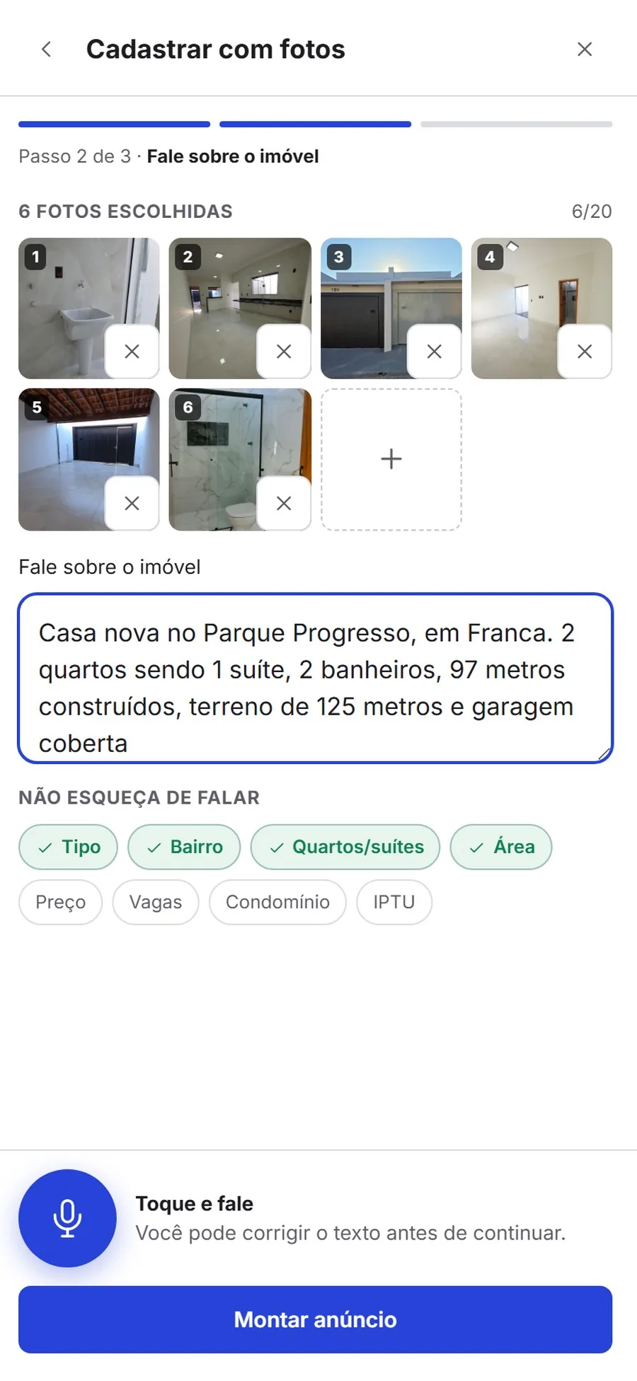 Seis fotos reais da casa escolhidas fora de ordem e a descrição curta digitada: casa nova no Parque Progresso, em Franca, 2 quartos sendo 1 suíte, 97 metros.