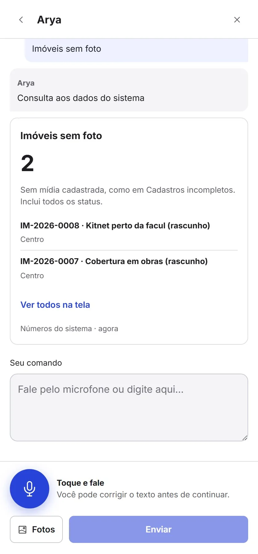 Arya respondendo imóveis sem foto: 2, com o código e o nome de cada imóvel e o link ver todos na tela.