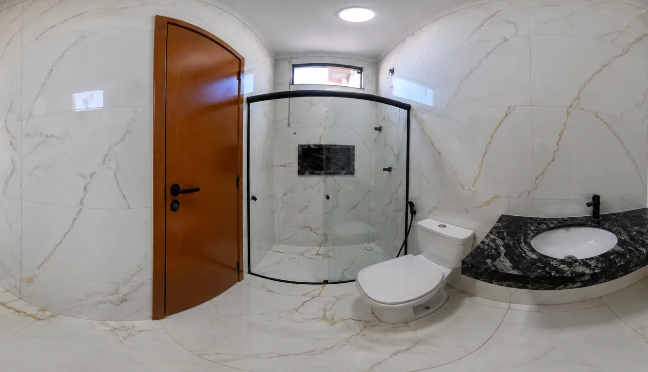 Vista ilustrativa de tour 360 do banheiro de uma casa real, gerada a partir das fotos.